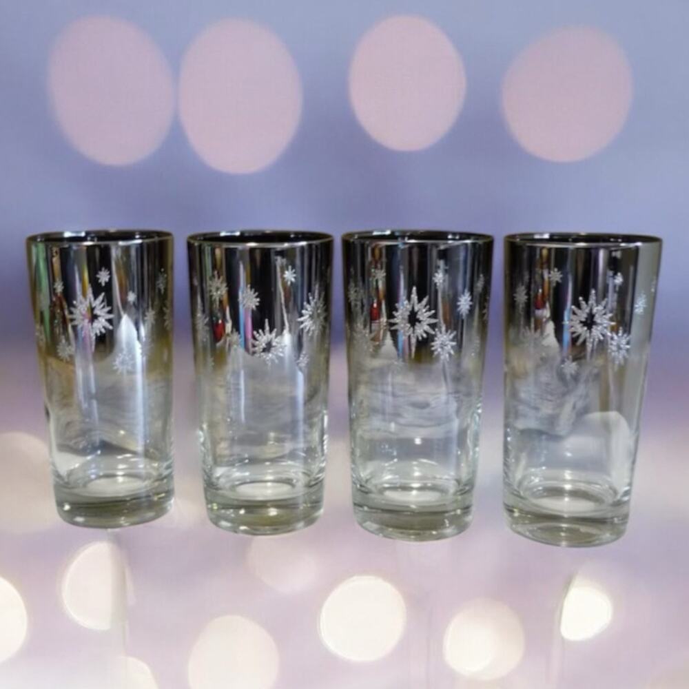 4 MIDCENTURY STARBURST SILVER BAND MIRRORED HIGHBALL GLASSES-BARWARE-Never Used
